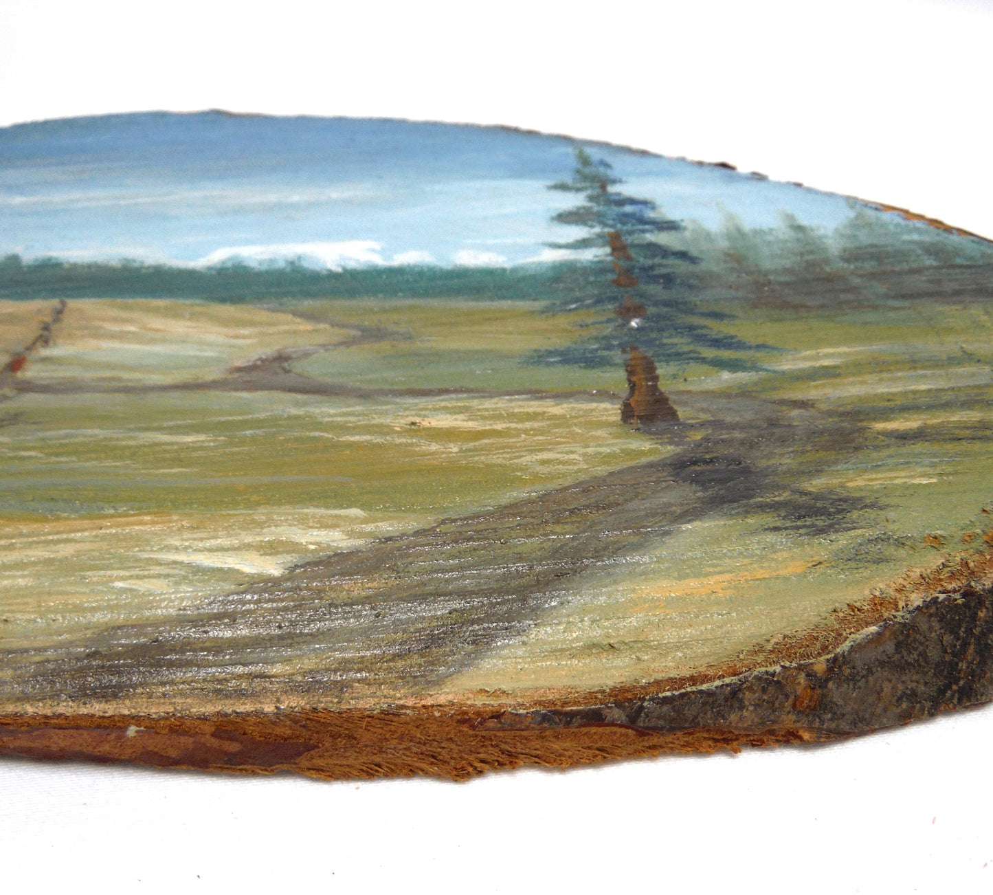 ANTIQUE HAND-PAINTED LIVE-EDGE SLAB OF CANADIAN HARDWOOD: Rustic Western Cabin Scene, Signed by P.I. Arnold