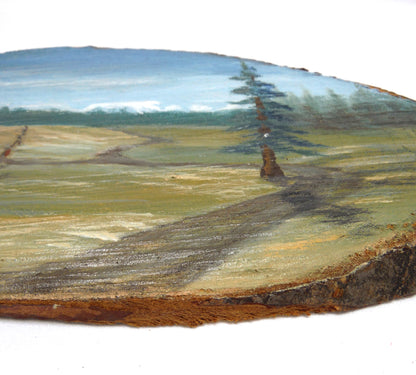 ANTIQUE HAND-PAINTED LIVE-EDGE SLAB OF CANADIAN HARDWOOD: Rustic Western Cabin Scene, Signed by P.I. Arnold