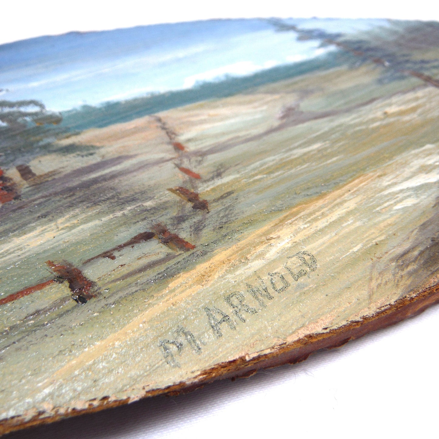 ANTIQUE HAND-PAINTED LIVE-EDGE SLAB OF CANADIAN HARDWOOD: Rustic Western Cabin Scene, Signed by P.I. Arnold