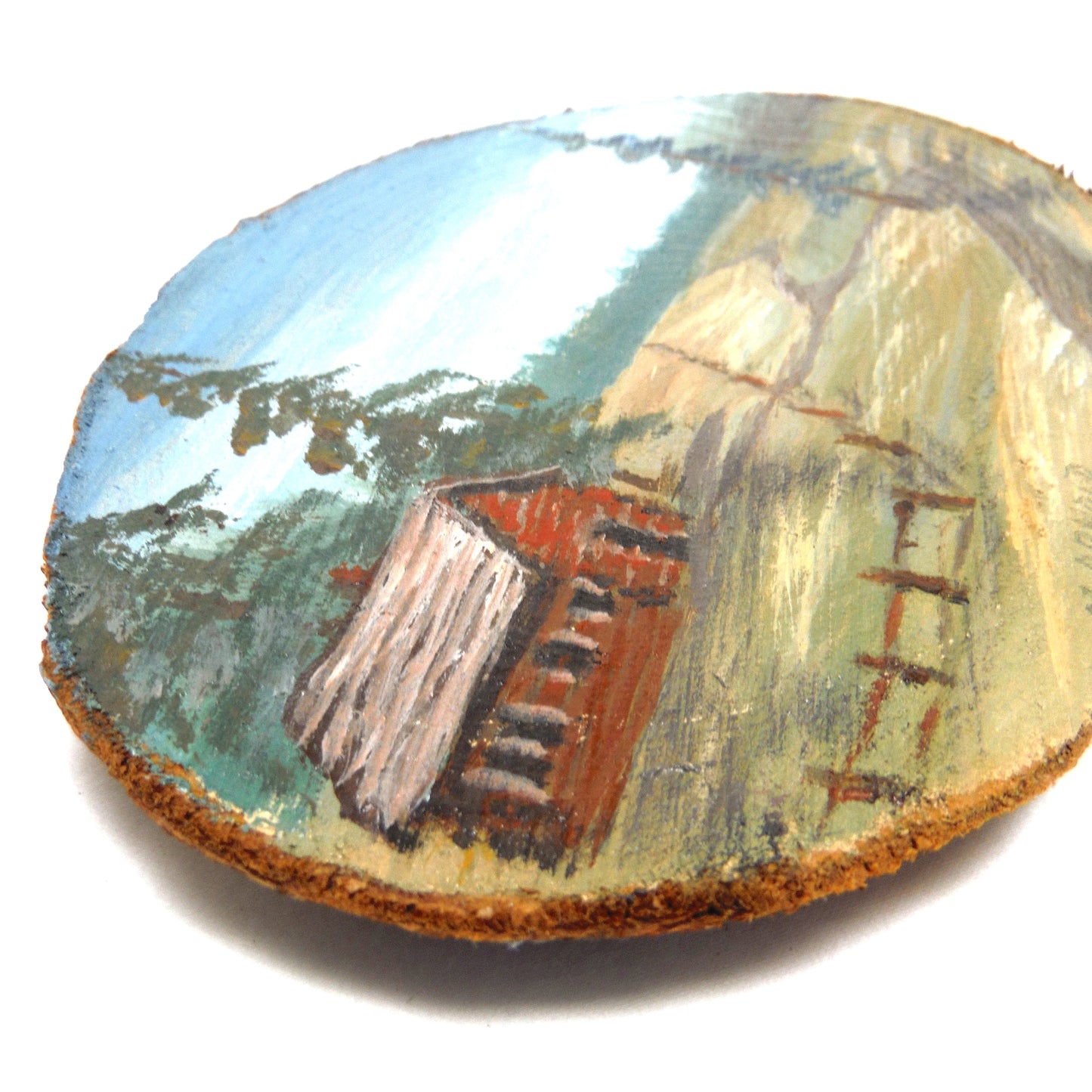 ANTIQUE HAND-PAINTED LIVE-EDGE SLAB OF CANADIAN HARDWOOD: Rustic Western Cabin Scene, Signed by P.I. Arnold