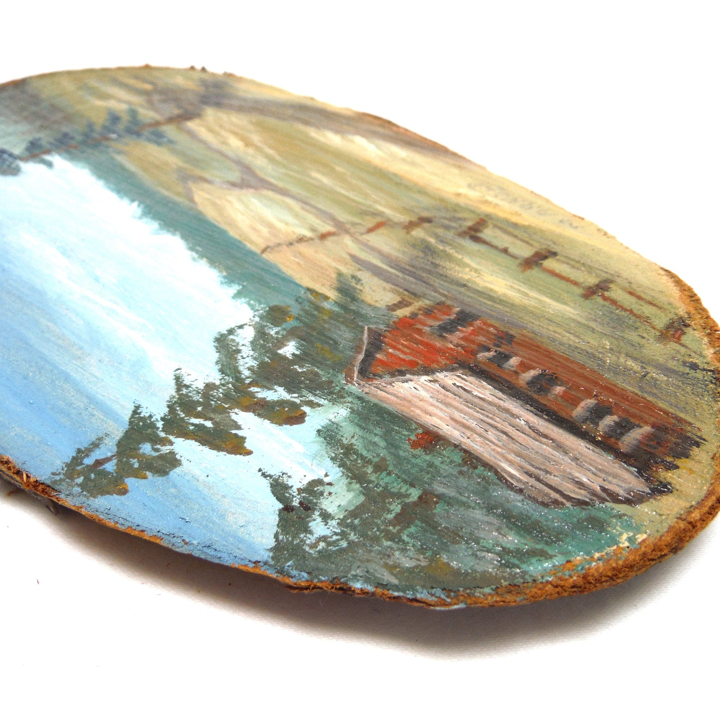 ANTIQUE HAND-PAINTED LIVE-EDGE SLAB OF CANADIAN HARDWOOD: Rustic Western Cabin Scene, Signed by P.I. Arnold