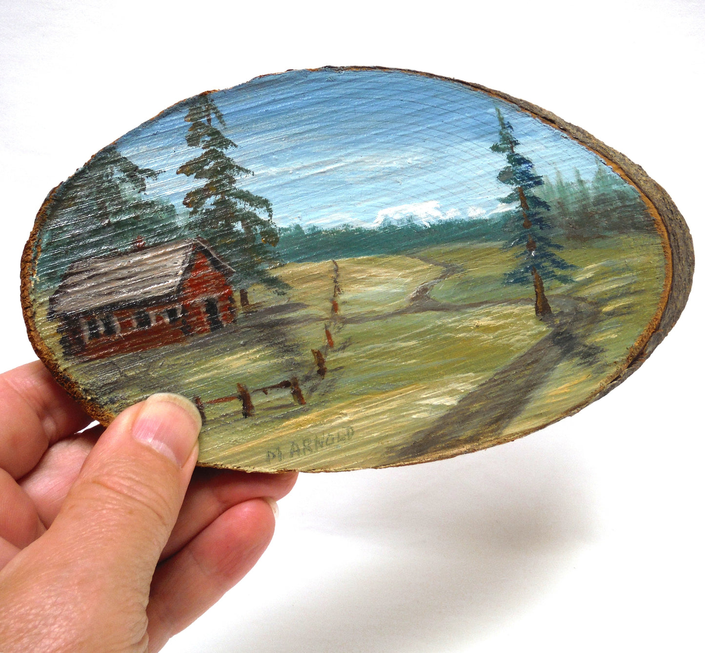 ANTIQUE HAND-PAINTED LIVE-EDGE SLAB OF CANADIAN HARDWOOD: Rustic Western Cabin Scene, Signed by P.I. Arnold