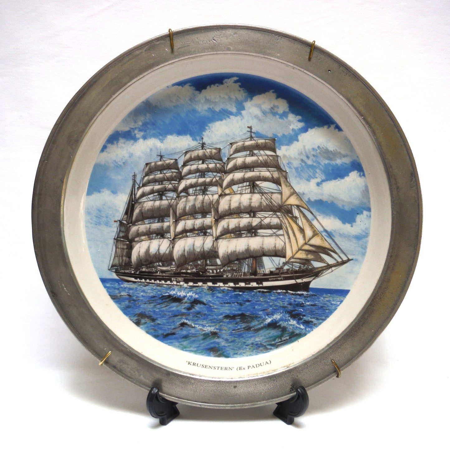 ANTIQUE 10 INCH HAND PAINTED STONEWARE PLATE, Wall Display Ready in Pewter Frame and Brass Wire Holder, #5004 by Francois Brassac of France