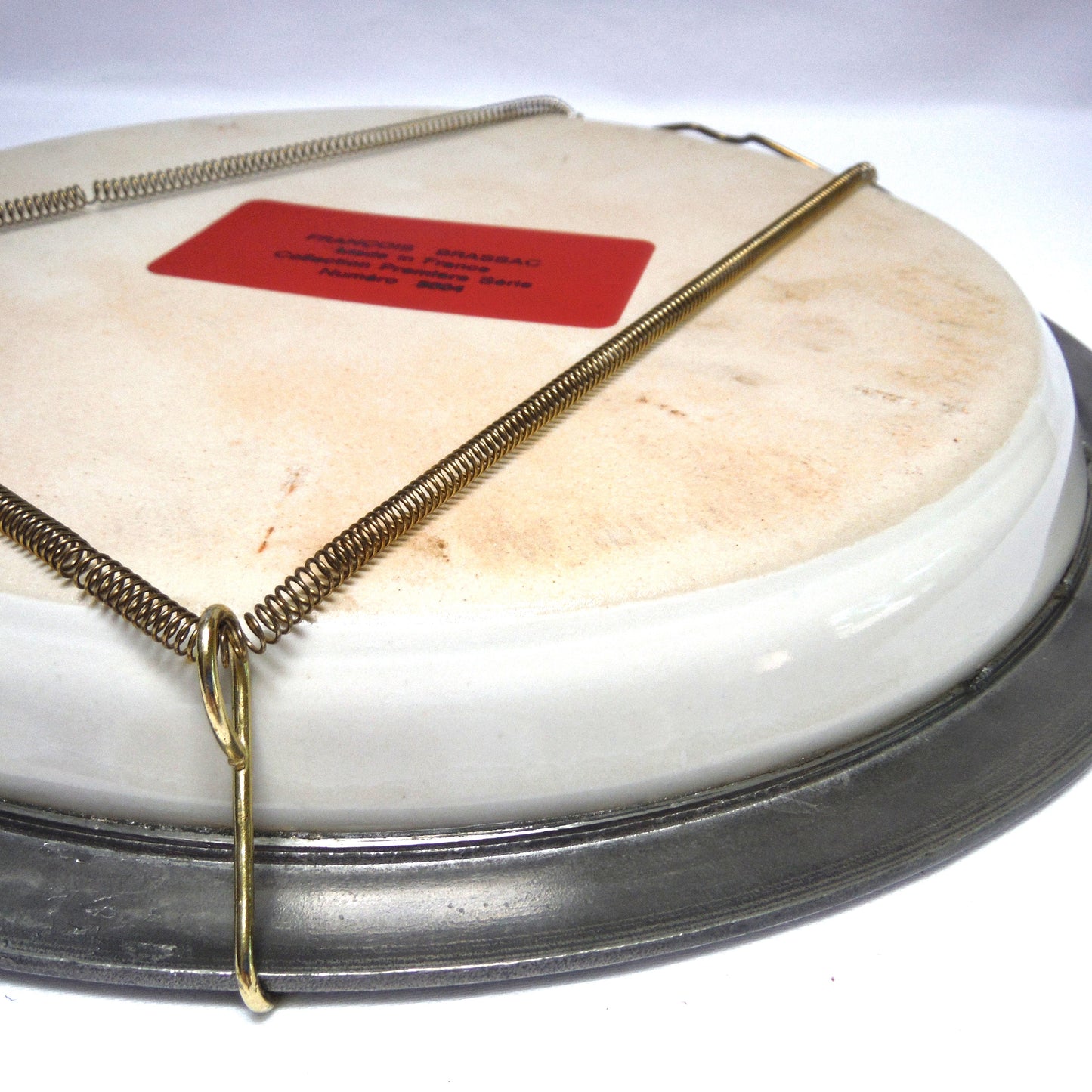 ANTIQUE 10 INCH HAND PAINTED STONEWARE PLATE, Wall Display Ready in Pewter Frame and Brass Wire Holder, #5004 by Francois Brassac of France