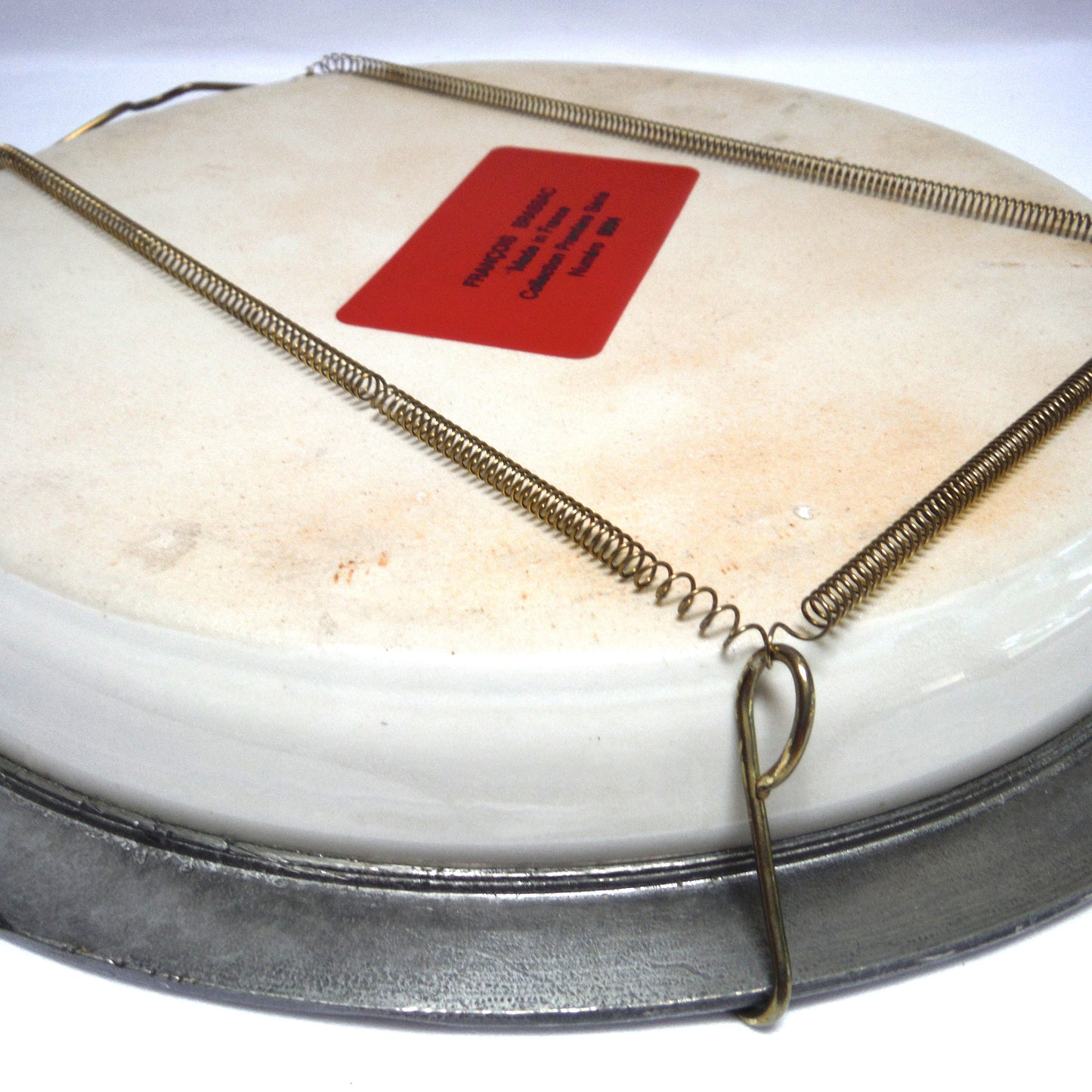 ANTIQUE 10 INCH HAND PAINTED STONEWARE PLATE, Wall Display Ready in Pewter Frame and Brass Wire Holder, #5004 by Francois Brassac of France
