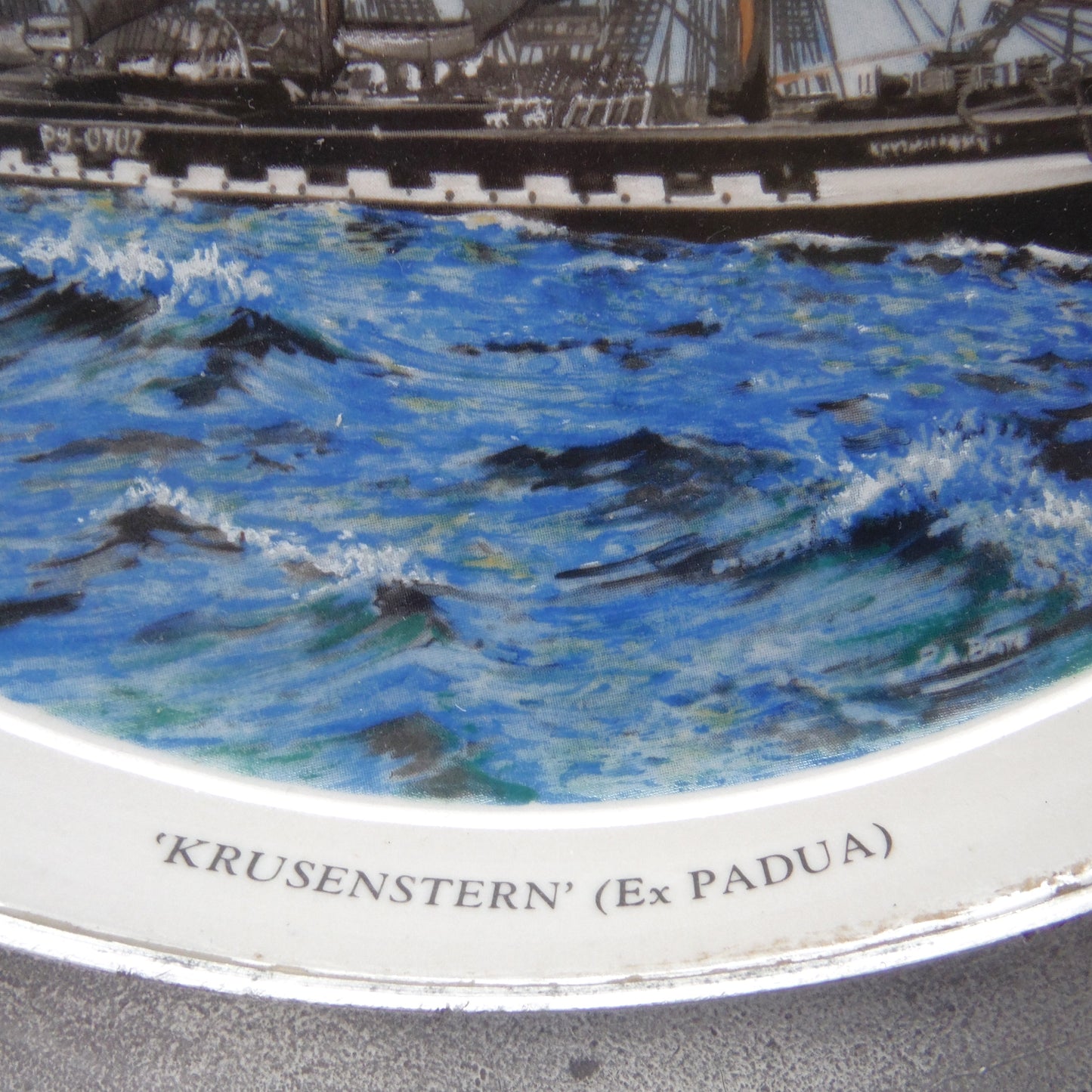 ANTIQUE 10 INCH HAND PAINTED STONEWARE PLATE, Wall Display Ready in Pewter Frame and Brass Wire Holder, #5004 by Francois Brassac of France