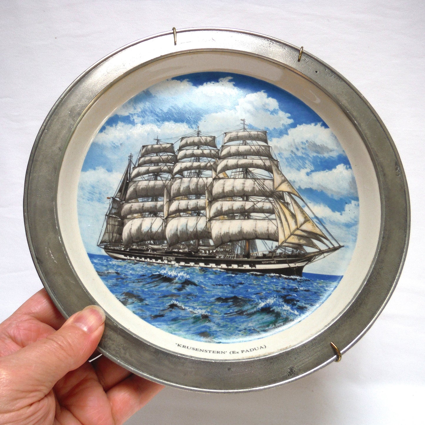 ANTIQUE 10 INCH HAND PAINTED STONEWARE PLATE, Wall Display Ready in Pewter Frame and Brass Wire Holder, #5004 by Francois Brassac of France