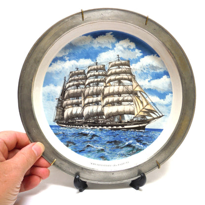 ANTIQUE 10 INCH HAND PAINTED STONEWARE PLATE, Wall Display Ready in Pewter Frame and Brass Wire Holder, #5004 by Francois Brassac of France