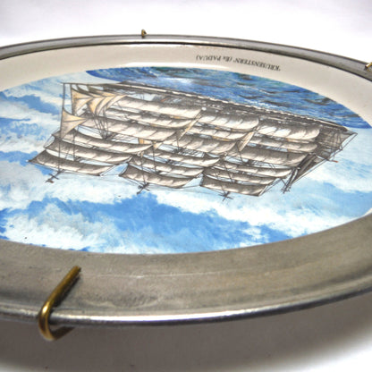 ANTIQUE 10 INCH HAND PAINTED STONEWARE PLATE, Wall Display Ready in Pewter Frame and Brass Wire Holder, #5004 by Francois Brassac of France