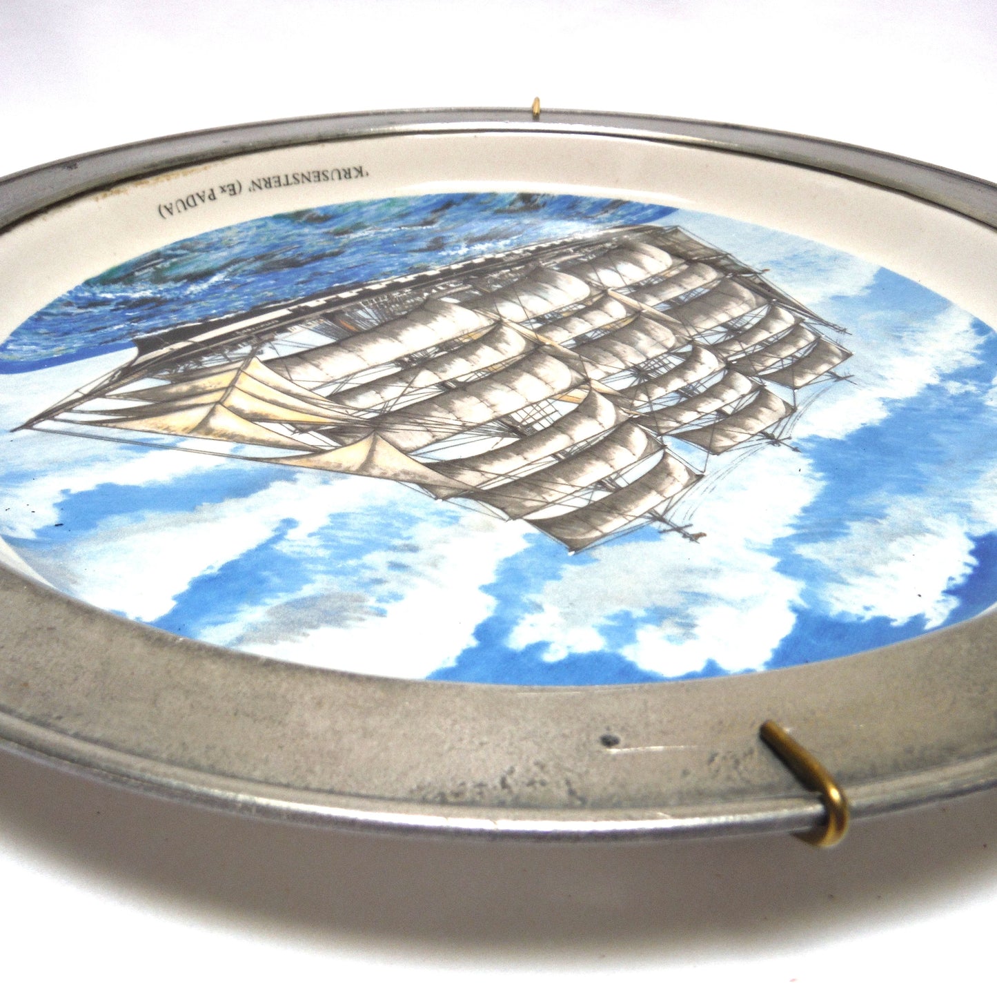 ANTIQUE 10 INCH HAND PAINTED STONEWARE PLATE, Wall Display Ready in Pewter Frame and Brass Wire Holder, #5004 by Francois Brassac of France
