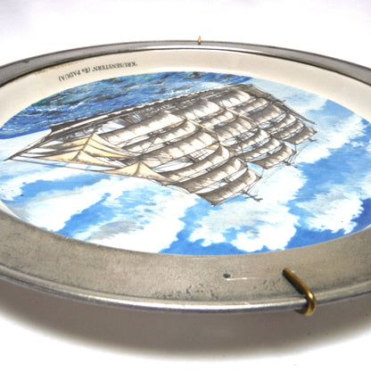 ANTIQUE 10 INCH HAND PAINTED STONEWARE PLATE, Wall Display Ready in Pewter Frame and Brass Wire Holder, #5004 by Francois Brassac of France