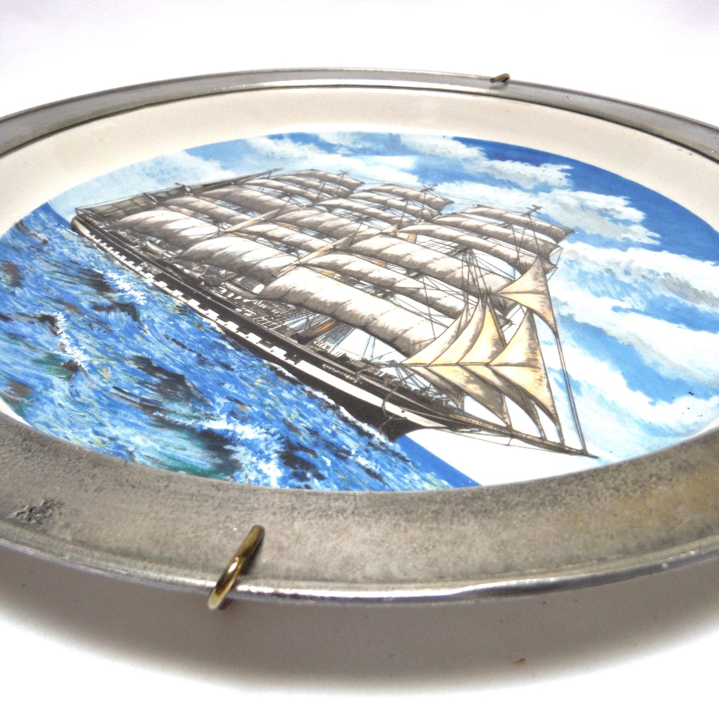 ANTIQUE 10 INCH HAND PAINTED STONEWARE PLATE, Wall Display Ready in Pewter Frame and Brass Wire Holder, #5004 by Francois Brassac of France