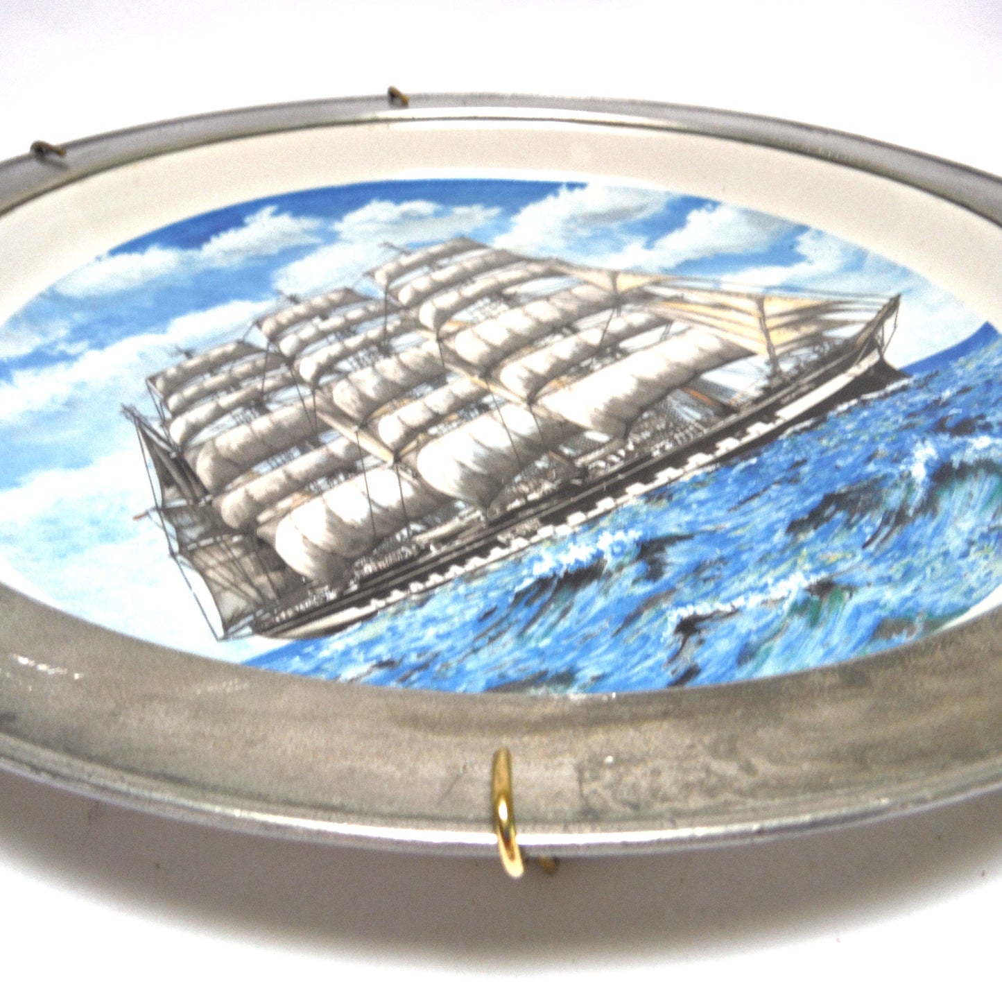 ANTIQUE 10 INCH HAND PAINTED STONEWARE PLATE, Wall Display Ready in Pewter Frame and Brass Wire Holder, #5004 by Francois Brassac of France