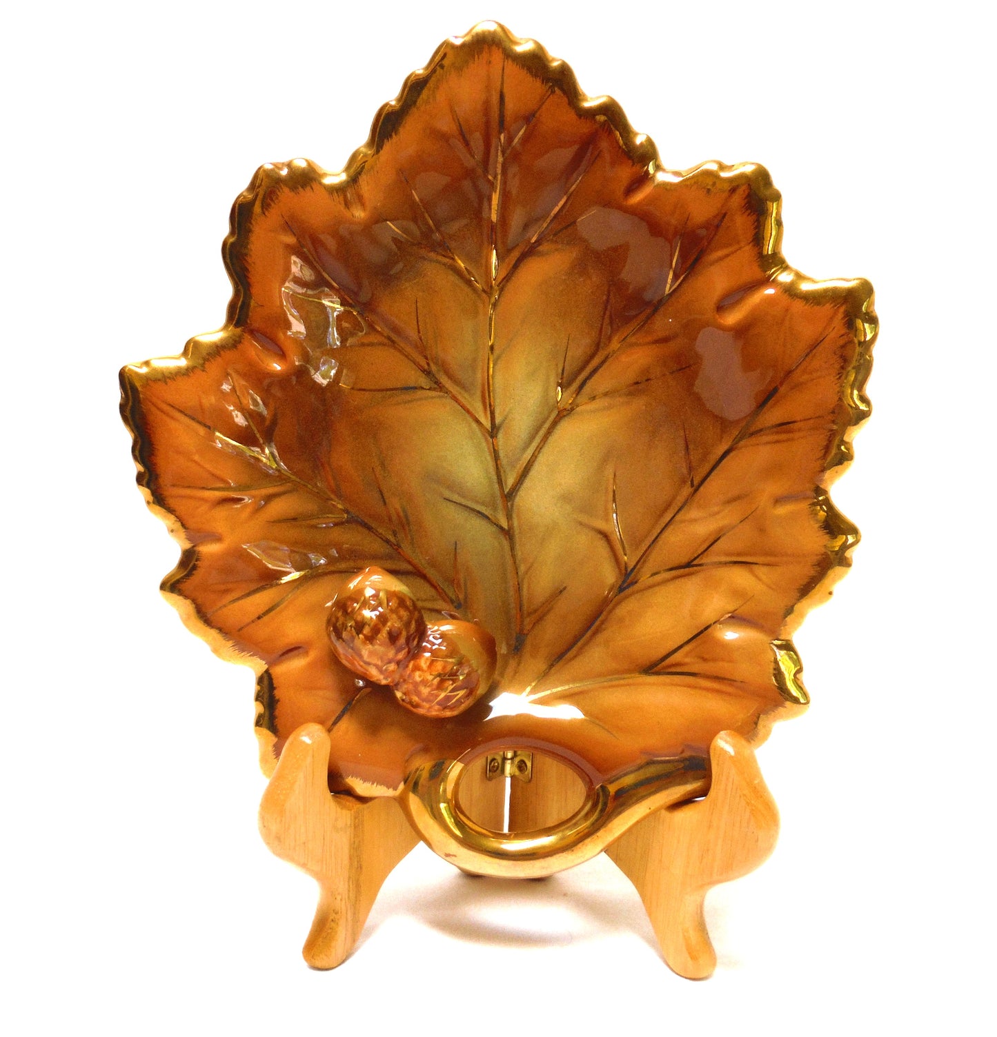 Mid-Century Maple Leaf Shaped Gold Edged CERAMIC NUT TRAY, Made in Japan