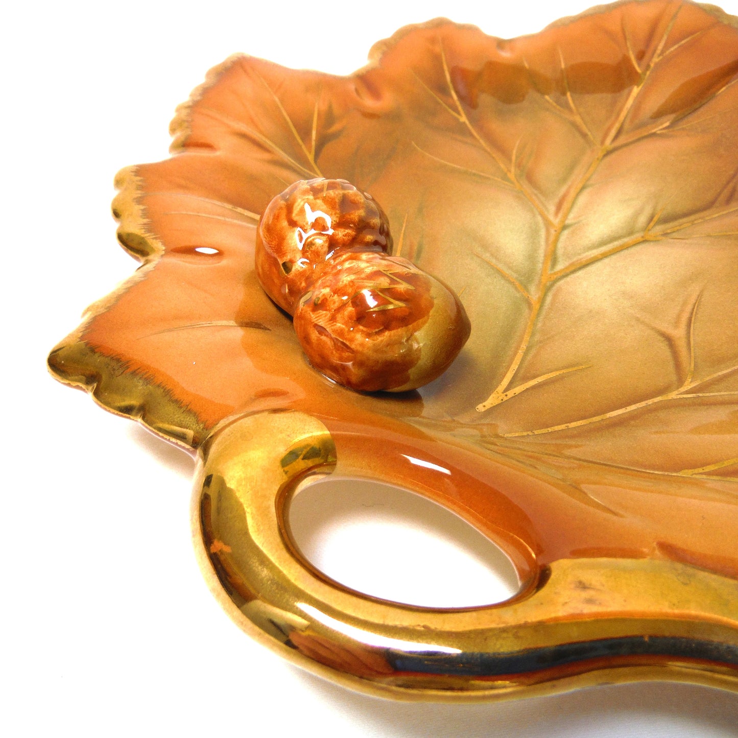 Mid-Century Maple Leaf Shaped Gold Edged CERAMIC NUT TRAY, Made in Japan