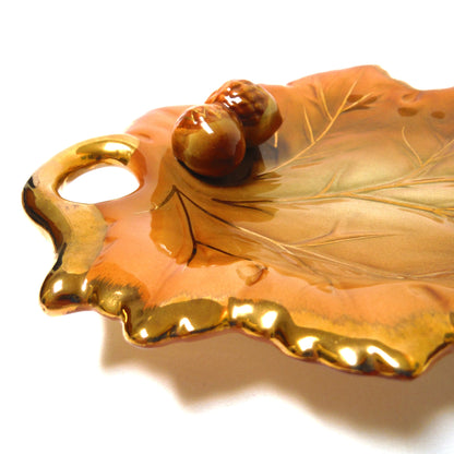 Mid-Century Maple Leaf Shaped Gold Edged CERAMIC NUT TRAY, Made in Japan