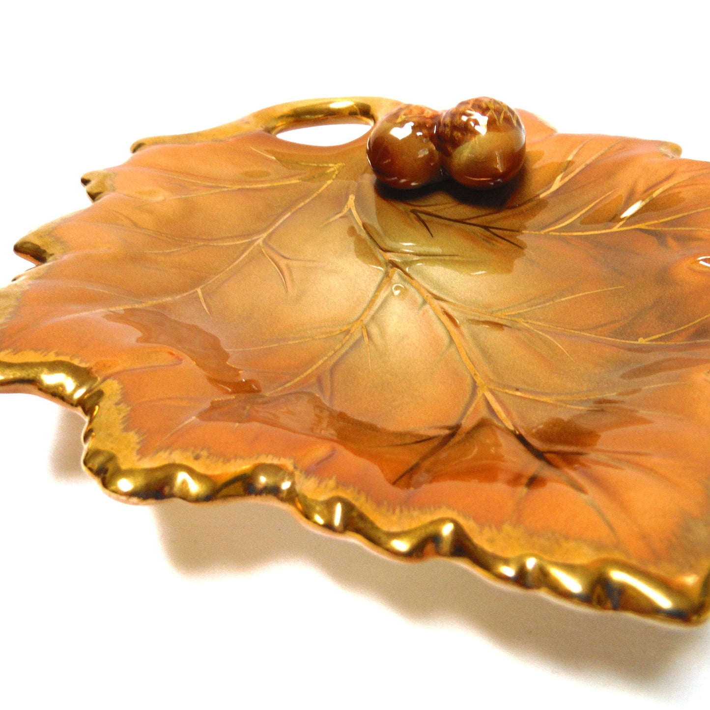 Mid-Century Maple Leaf Shaped Gold Edged CERAMIC NUT TRAY, Made in Japan