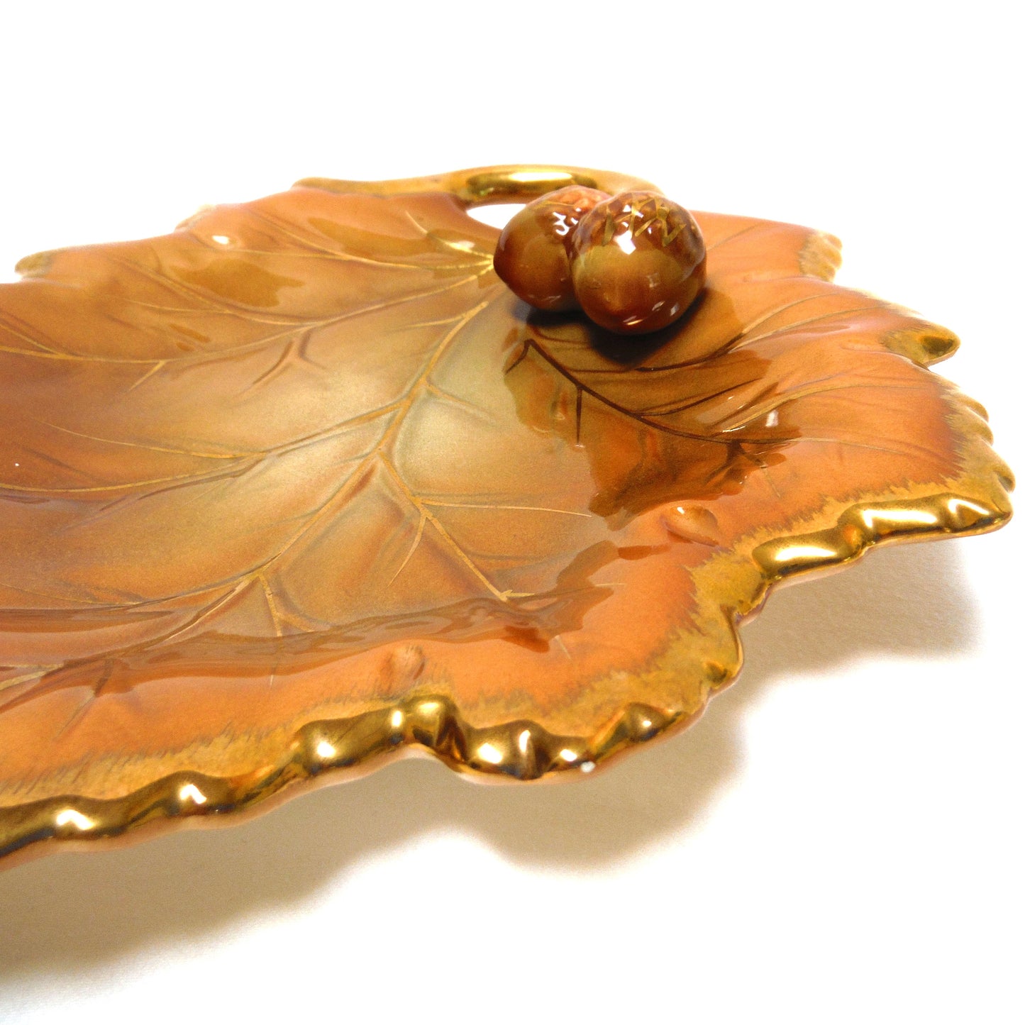 Mid-Century Maple Leaf Shaped Gold Edged CERAMIC NUT TRAY, Made in Japan