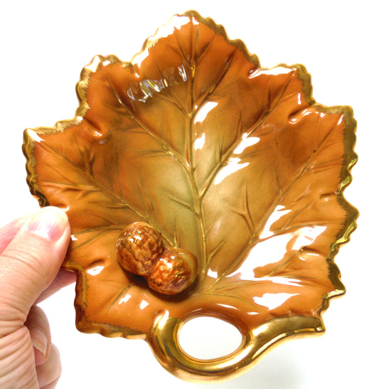 Mid-Century Maple Leaf Shaped Gold Edged CERAMIC NUT TRAY, Made in Japan