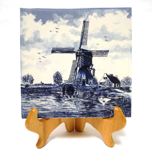 Vintage Delft Blue 6-inch Square Wall Tile: Windmill Scene #1, Made in Holland
