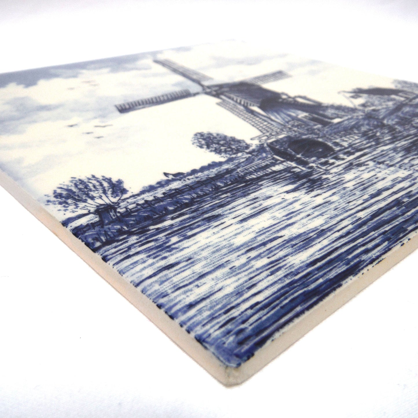 Vintage Delft Blue 6-inch Square Wall Tile: Windmill Scene #1, Made in Holland