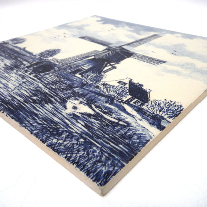 Vintage Delft Blue 6-inch Square Wall Tile: Windmill Scene #1, Made in Holland