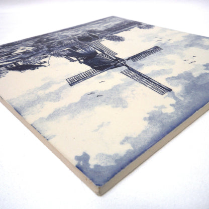 Vintage Delft Blue 6-inch Square Wall Tile: Windmill Scene #1, Made in Holland