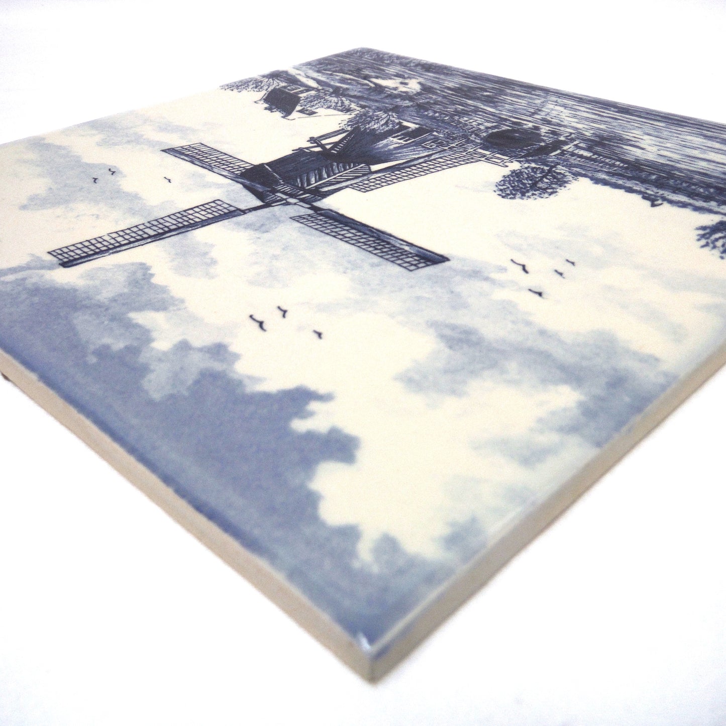 Vintage Delft Blue 6-inch Square Wall Tile: Windmill Scene #1, Made in Holland