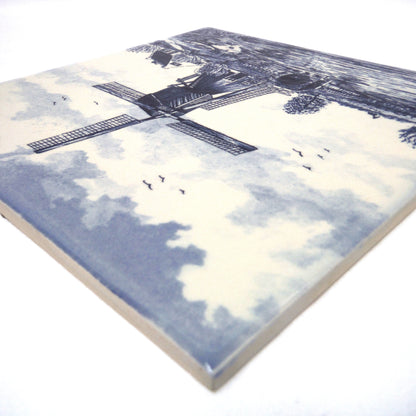 Vintage Delft Blue 6-inch Square Wall Tile: Windmill Scene #1, Made in Holland