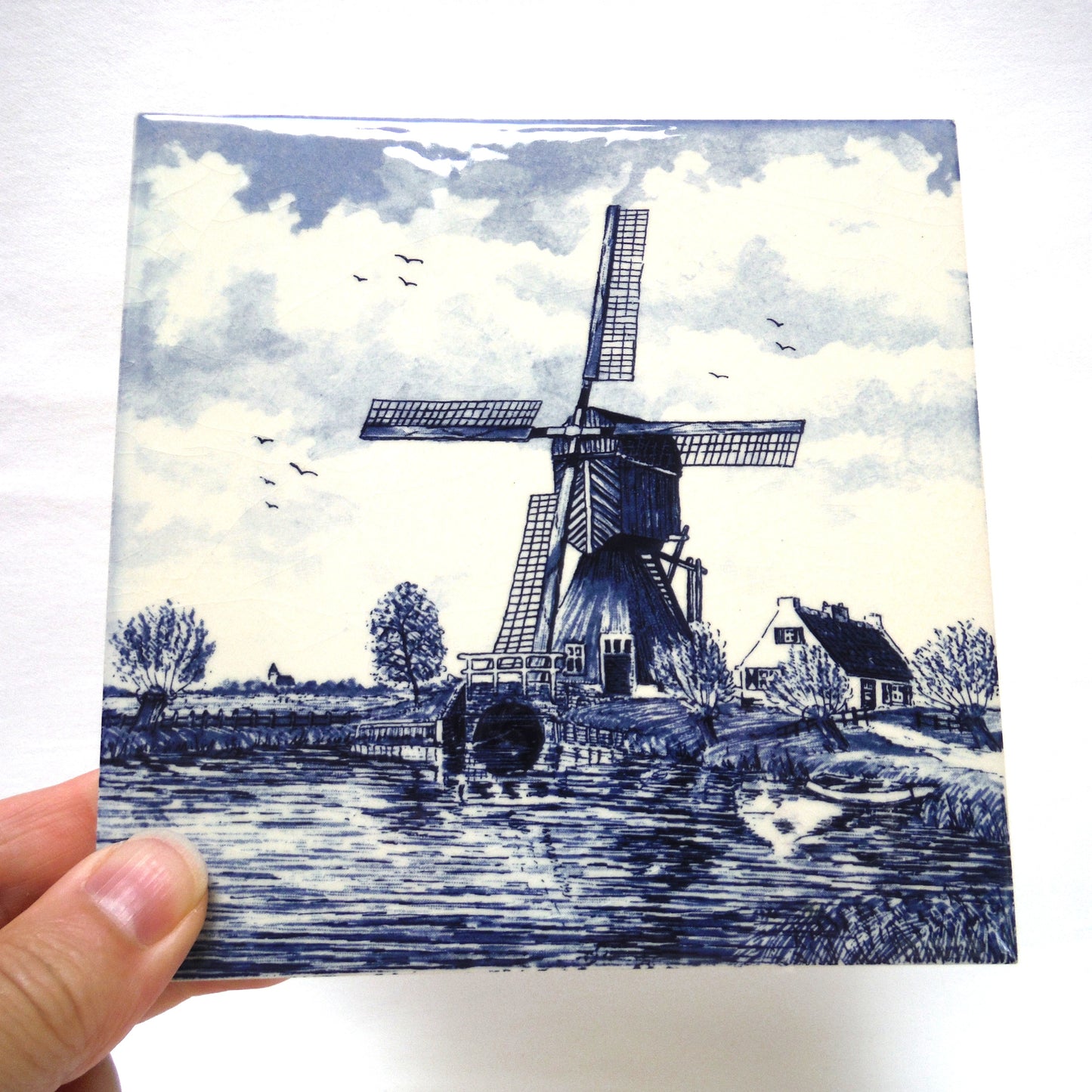 Vintage Delft Blue 6-inch Square Wall Tile: Windmill Scene #1, Made in Holland