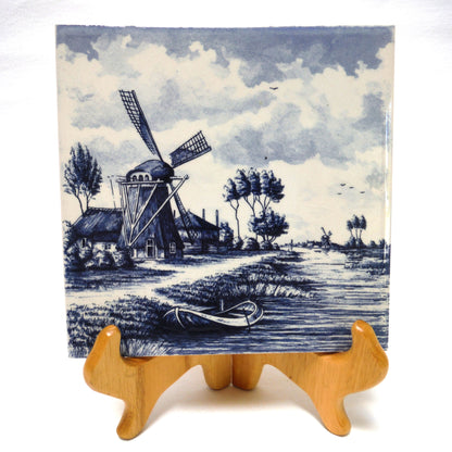 Vintage Delft Blue Square Wall Tile: Windmill Scene #2, Made in Holland