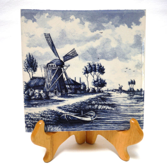 Vintage Delft Blue Square Wall Tile: Windmill Scene #2, Made in Holland