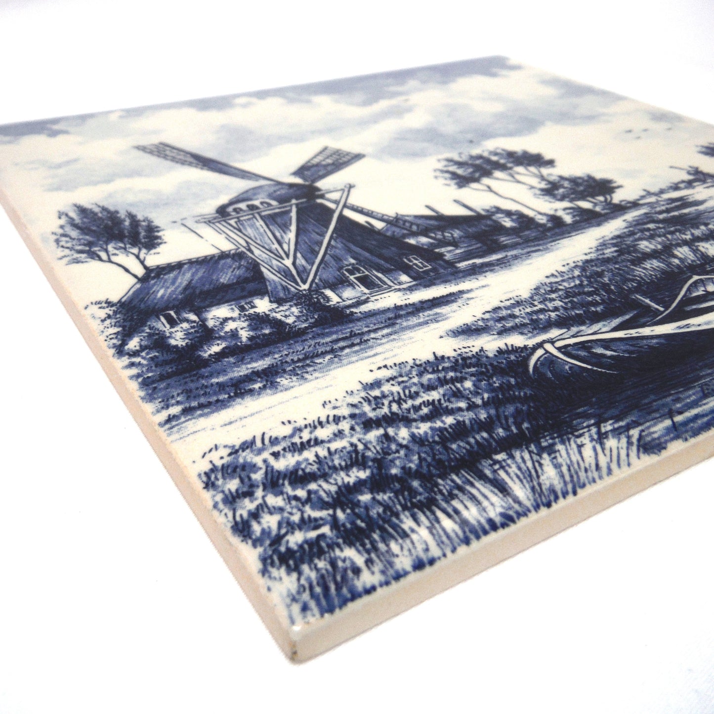 Vintage Delft Blue Square Wall Tile: Windmill Scene #2, Made in Holland