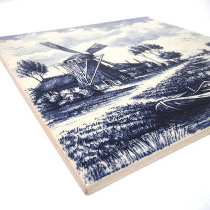 Vintage Delft Blue Square Wall Tile: Windmill Scene #2, Made in Holland