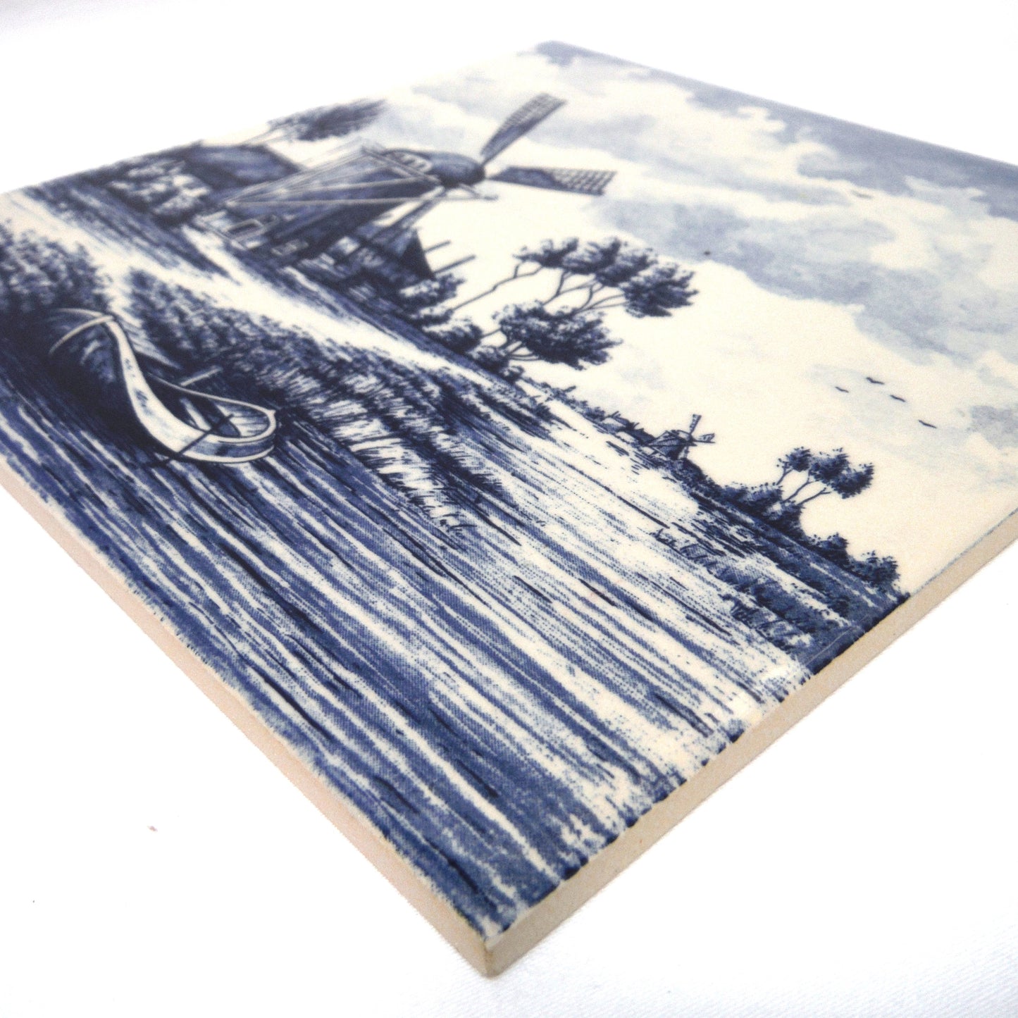 Vintage Delft Blue Square Wall Tile: Windmill Scene #2, Made in Holland
