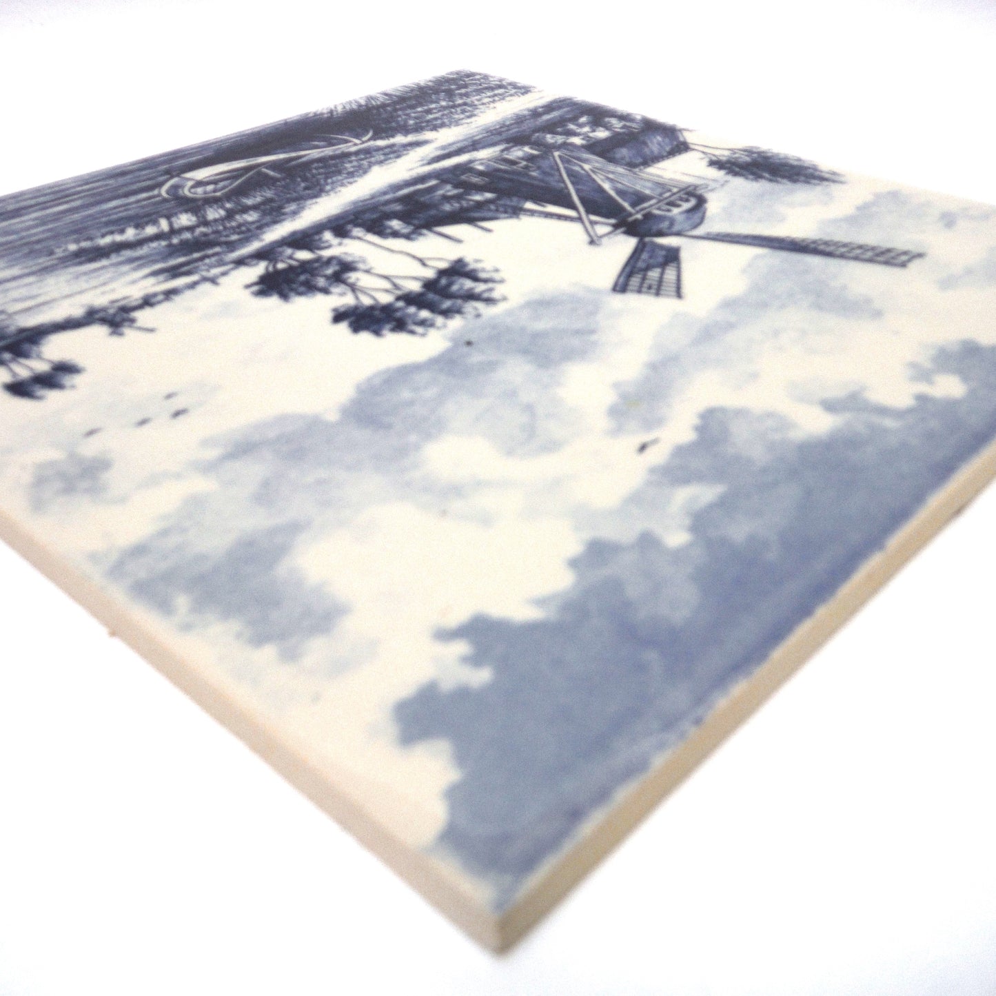 Vintage Delft Blue Square Wall Tile: Windmill Scene #2, Made in Holland