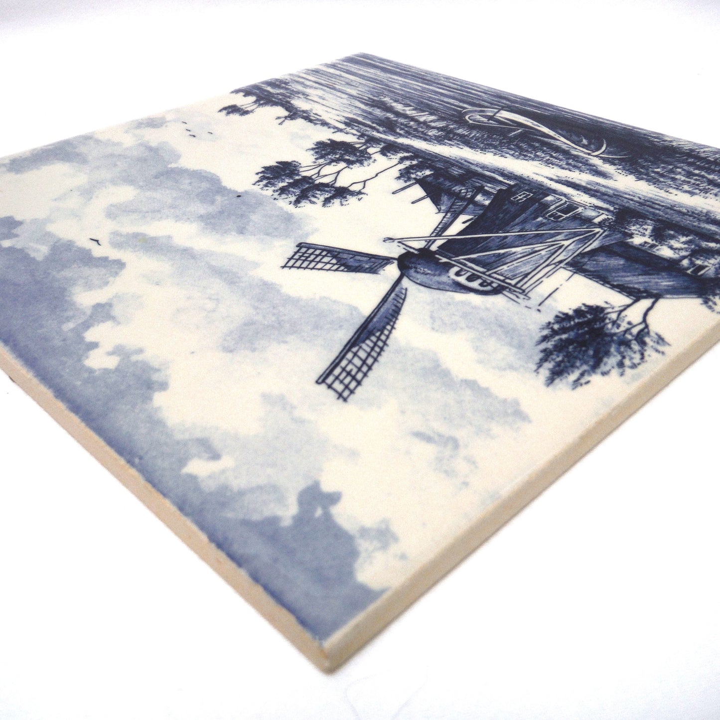 Vintage Delft Blue Square Wall Tile: Windmill Scene #2, Made in Holland