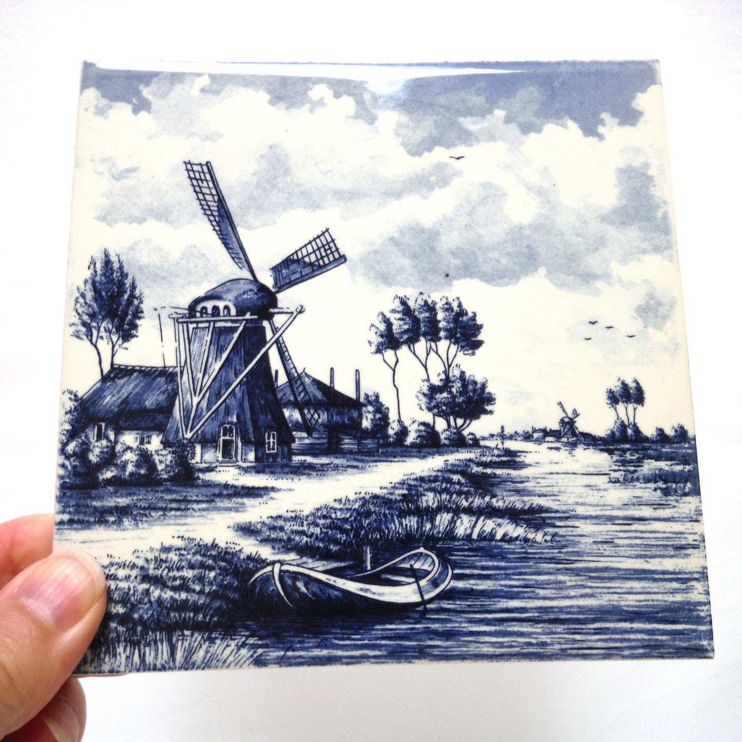 Vintage Delft Blue Square Wall Tile: Windmill Scene #2, Made in Holland