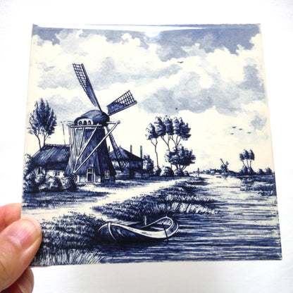 Vintage Delft Blue Square Wall Tile: Windmill Scene #2, Made in Holland