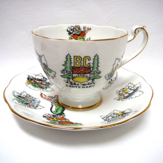 British Columbia 1858-1958 Centenary Celebration Cup & Saucer Set, by Roslyn Fine Bone China of England