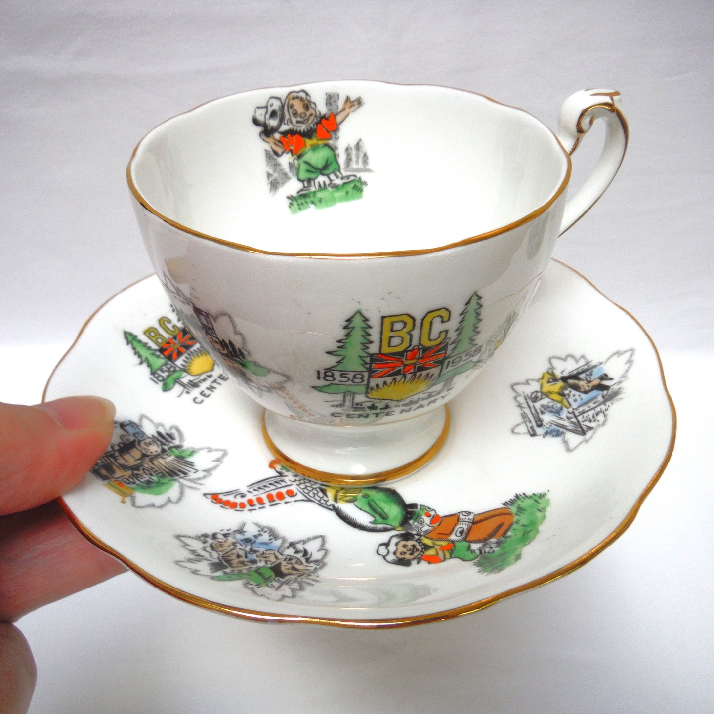 British Columbia 1858-1958 Centenary Celebration Cup & Saucer Set, by Roslyn Fine Bone China of England