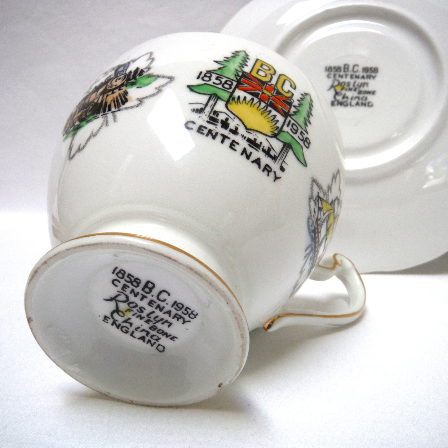 British Columbia 1858-1958 Centenary Celebration Cup & Saucer Set, by Roslyn Fine Bone China of England