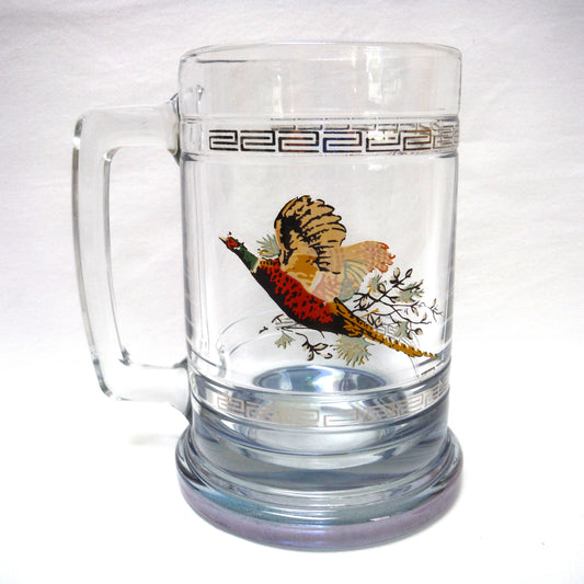 LARGE VINTAGE CLEAR GLASS BEER STEIN by Princess House of America: 'PHEASANT IN FLIGHT'