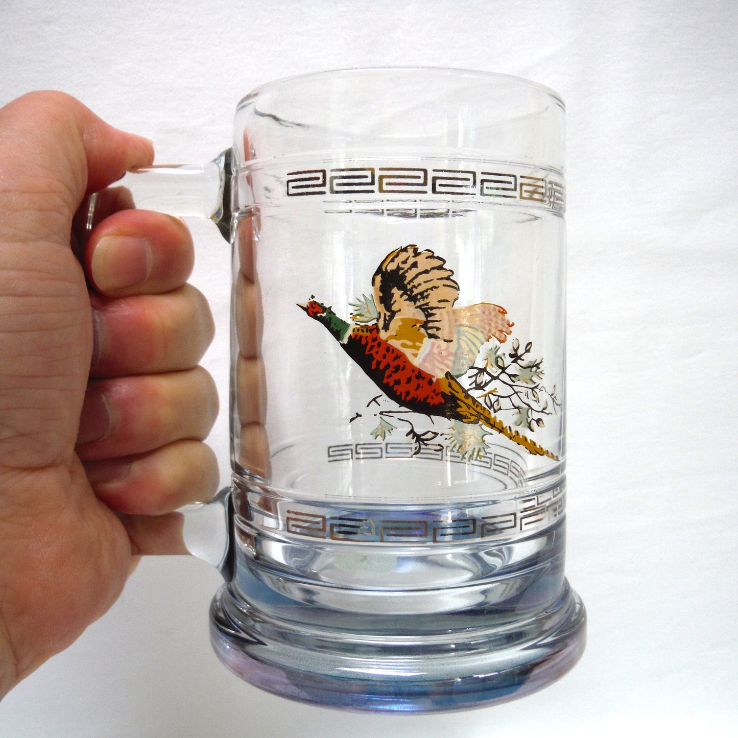 LARGE VINTAGE CLEAR GLASS BEER STEIN by Princess House of America: 'PHEASANT IN FLIGHT'