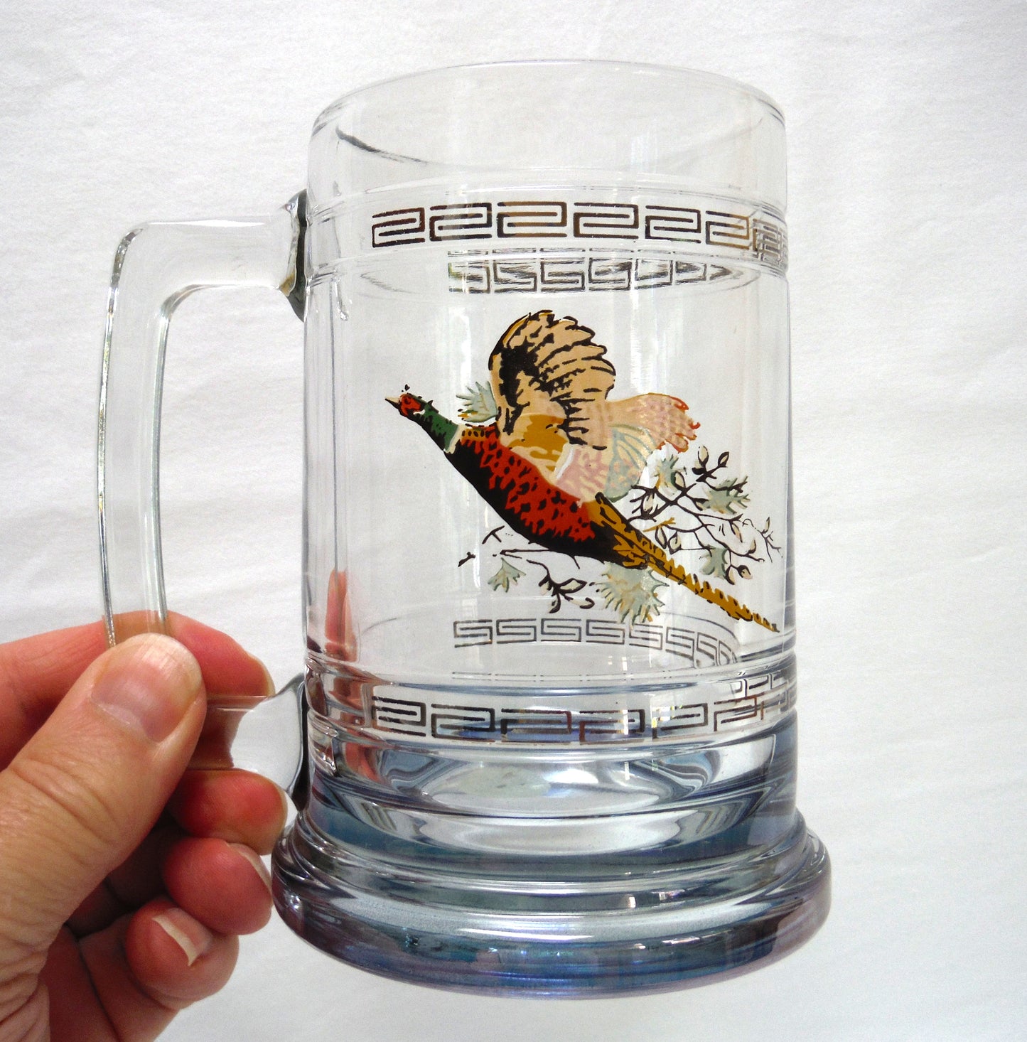 LARGE VINTAGE CLEAR GLASS BEER STEIN by Princess House of America: 'PHEASANT IN FLIGHT'