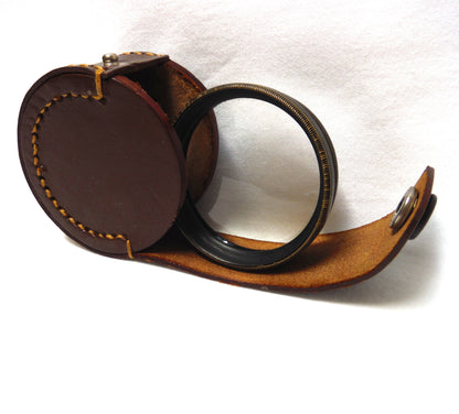 Antique Photographic Lens Brown Leather Carry Case with Magnifier Lens Included, Made in Japan