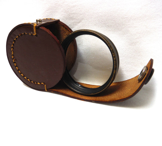 Antique Photographic Lens Brown Leather Carry Case with Magnifier Lens Included, Made in Japan