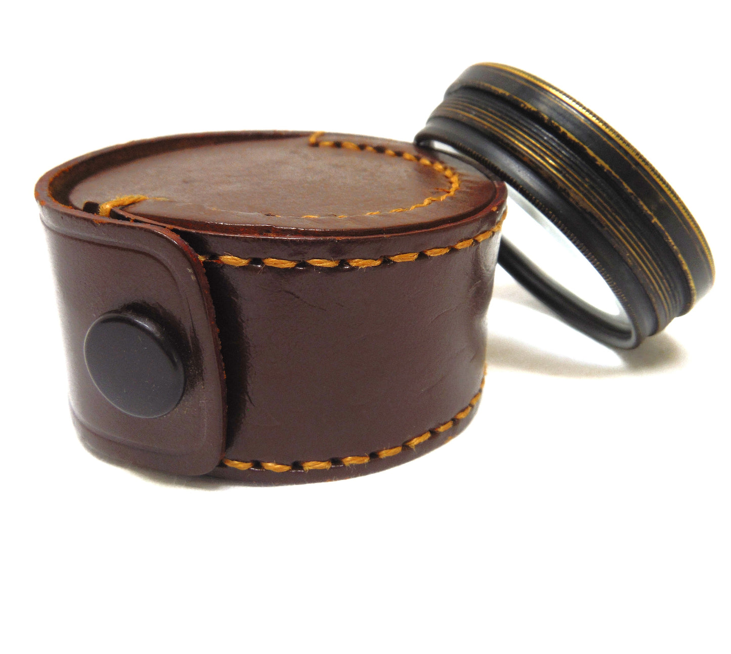 Antique Photographic Lens Brown Leather Carry Case with Magnifier Lens Included, Made in Japan
