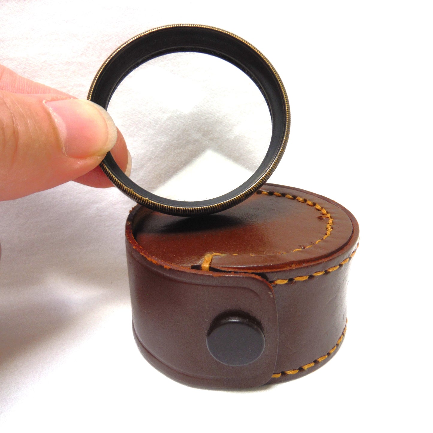 Antique Photographic Lens Brown Leather Carry Case with Magnifier Lens Included, Made in Japan