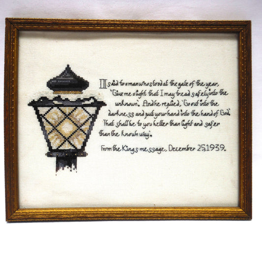 ANTIQUE NEEDLEPOINT HAND-EMBROIDERED GOLD FRAMED PICTURE: The King George VI 'God Knows Poem' 1939 Christmas Message